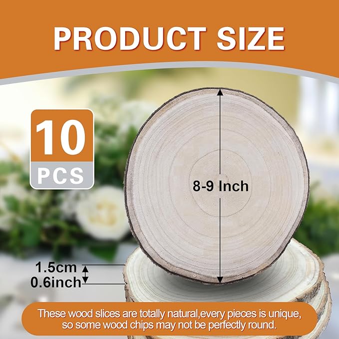 Wood Slices,Wood Slices for Centerpieces Table Decorations,Unfinished Rounds Wood for Crafts,Wood Slice for Rustic Wedding Decoration Projects, Natural Paulownia Wooden Slabs (8-9 inch 10 Pcs)