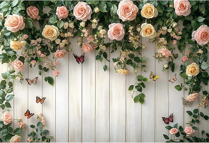 Baocicco 15x10ft Wooden Flower Backdrops for Photography Spring Botanical Green Leaf Butterfly Farmhouse Background for Engagement Bridal Shower Baby Shower Birthday Wedding Party Decoration Supplies