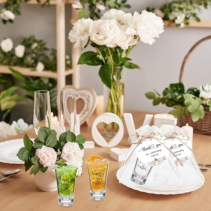 Reallnaive 30 Sets Bridal Shower Favors for Guests Happily Ever After Bride Acrylic Clear Shot Glasses with Thank You Tags and Organza Bag Wedding Party Favors Souvenir Gift for Bachelorette Bridal