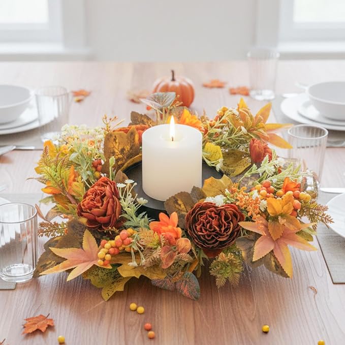 MOYEE Autumn Centerpieces for Tables Candle Ring, Black Metal Candlestick with an Artificial Wreaths 14 in Versatile Dining Table Centerpiece Decor (Austin Rose Wreath)