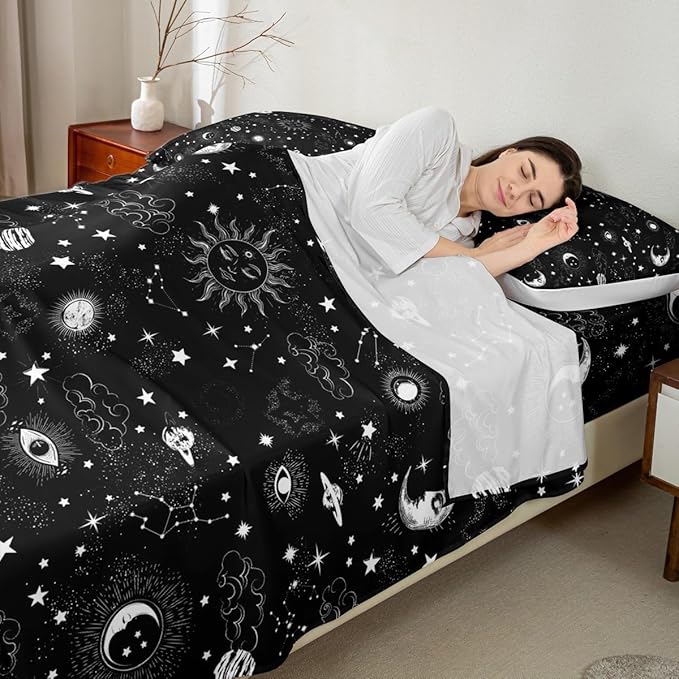 Castle Fairy Sun and Moon Bed Sheet Set Twin Size,Starry Galaxy Boho Hippie Constellation,Bedding Decor Set with 1 Flat & 1 Fitted Sheet with 1 Pillow Sham