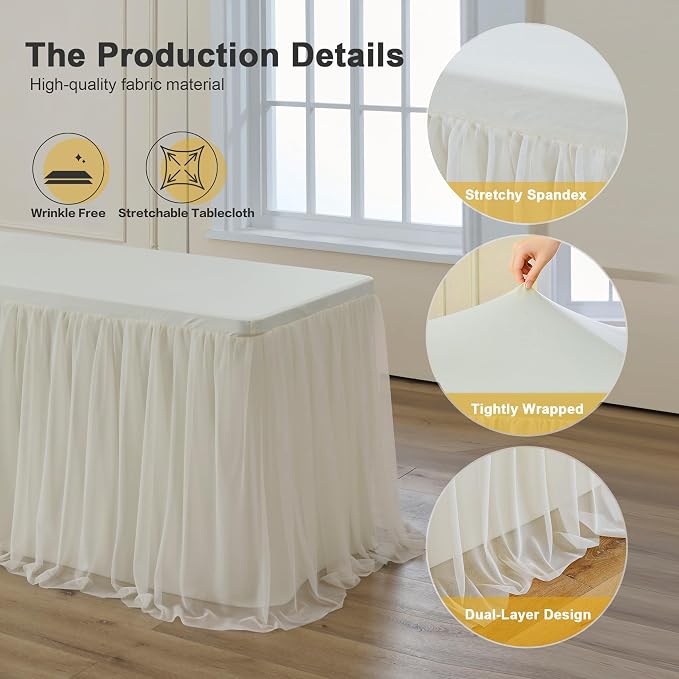 familus 8ft Ivory Spandex Fitted Tablecloth with Tulle Table Skirt - 2-in-1 Structured Tutu Table Cover for Weddings, Trade Shows, Banquets & Professional Events