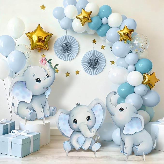 3Pcs Elephant Baby Shower Decorations, Large Baby Elephant Cardboard Cutouts Standup, Blue Cartoon Birthday Party Signs for Photo Booth Props Backdrops Decor Displays Party Supplies
