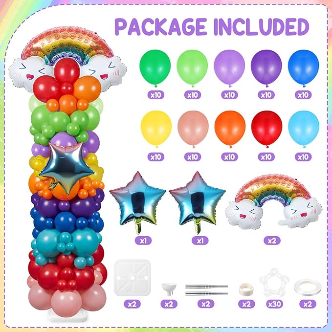 Skylety 2 Sets Rainbow Balloon Column Stand Kit Adjustable Colorful Balloon Stand with Bases for Birthday Wedding Anniversary Graduation Party Baby Shower Decorations Supplies