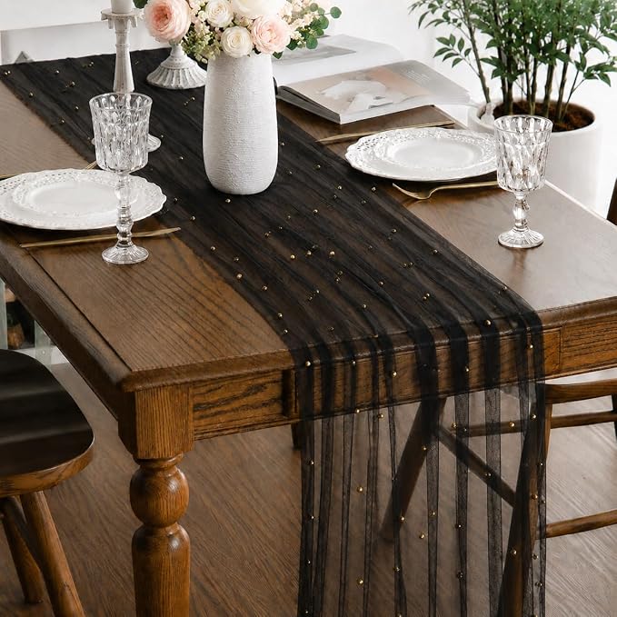 Pearl Black Gauze Pearl Table Runner 120 Inch 10FT, Seasonal Sheer Dining Holiday Wedding Birthday Baby Shower Tulle Summer Table Decor for Home Party