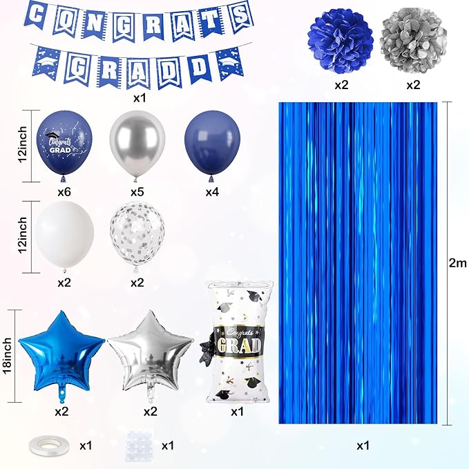 Graduation Party Decorations Pink, Congrats GRAD Banner Paper Pompoms Blue Fringe Curtain Backdrop Silver Star Foil Balloons Navy Blue Latex Balloon for Graduation Class of 2026 Decorations