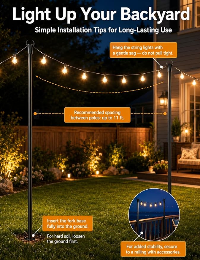 2 Pack String Light Poles for Outside, Thickened Metal Lights Hanger Pole Outdoor with Fork, Lighting Hanging Post Accessories for Patio Decor Garden Backyard Yard Front Porch Outside Decorations