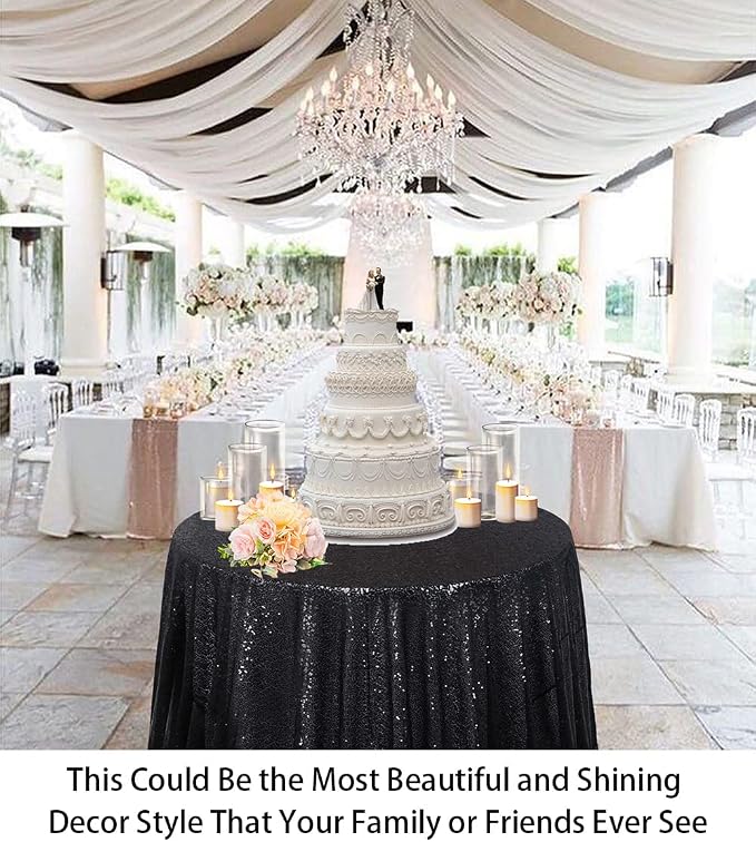 ShiDianYi Sequin Tablecloth Round 72-Inch Black Table Cloths Glitter Sequence Tablecloth Overlay Black Round Table Cover for Wedding/Birthday Cake Table Decor