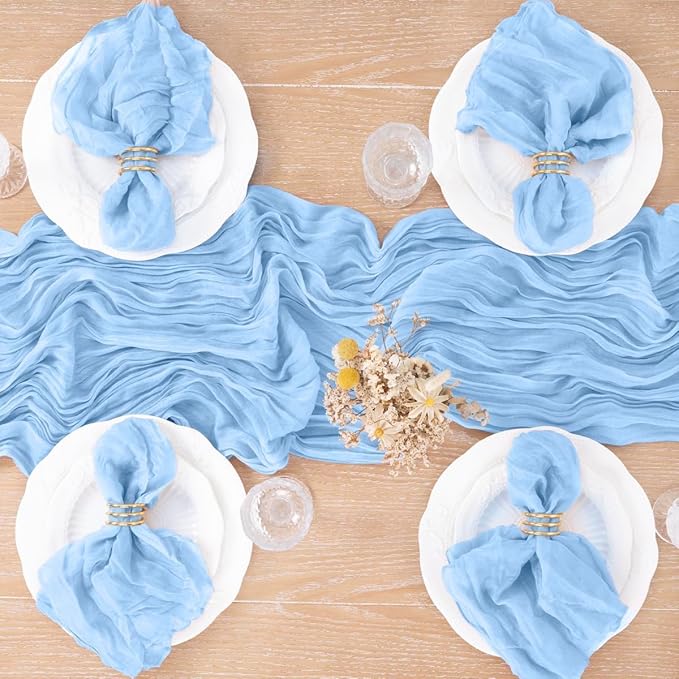 MLMC Light Blue Table Runner Baby Blue Cheesecloth Table Runner 10ft Baby Shower Decorations Rustic Gauze Cheese Cloth Centerpiece 35x120 Inches for Gender Reveal Birthday Party Wedding Decor