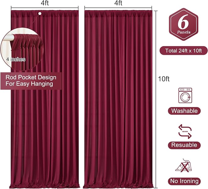 Burgundy Backdrop Curtains 6 Panels - Wrinkle-Free Polyester Photography Drapes for Baby Shower & Birthday Party - 24 X 10FT