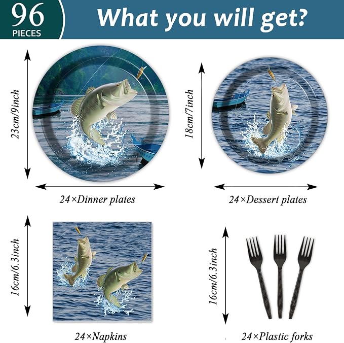 Gone Fishing Party Plates Napkins Gone Fishin' Dinnerware Fishing Themed Tableware for Fishin Tournament Birthday Disposable Paper Plates Napkins Party Decorations Supplies Favors 24 Guests