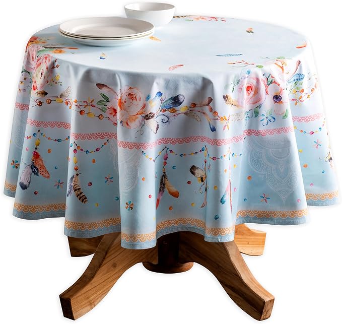 Maison d' Hermine Table Cloth Round Table 100% Cotton 69 Round Inches Tablecloth Reusable Decorative for Dining Kitchen Room Farmhouse Party Home Hotel Restaurant Spring Summer - Ibiza - Blue