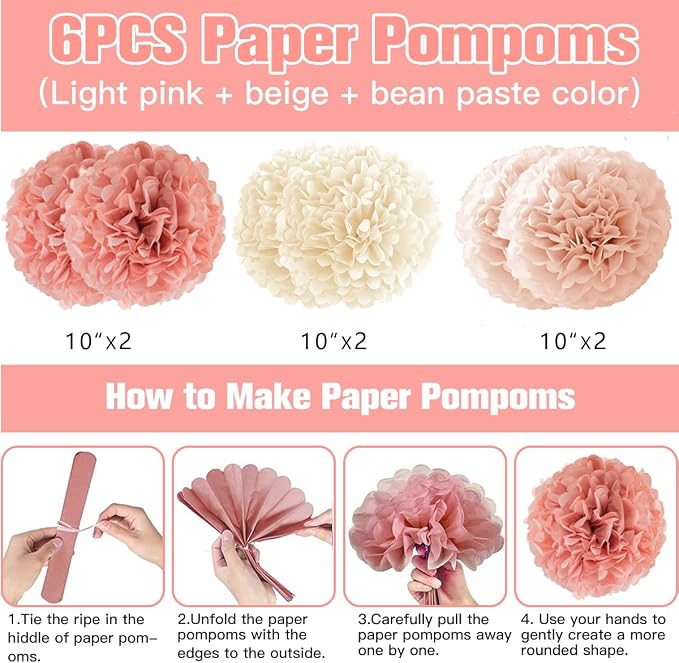 Birthday Decorations Set, Pink Party Decoration with Vintage Pink Balloons, Banner, Pom Poms, Fringe Curtain Background, Birthday Crown, Shoulder Strap for Girls Women Boho Party Supplies