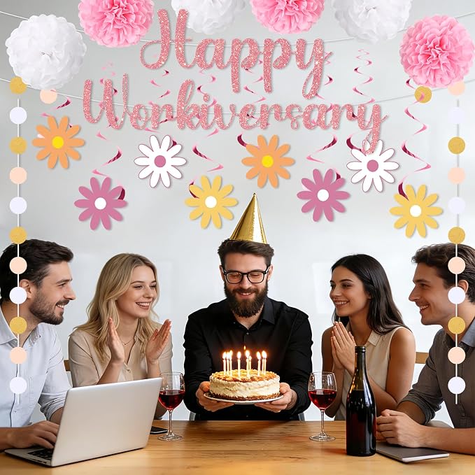 16pcs Happy Work Anniversary Decorations Banner Rose Gold Pink Happy Workiversary Banner Hanging Swirls Circle Dot Garland Pompoms for 10th 25th Work Anniversary Employee Appreciation Decorations