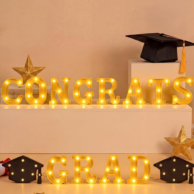 Honoson 14 Pcs Congrats Grad Decorations Lights up Sign with 2 Cap Lights Graduation Party Decorations for Kindergarten High School College Grad Senior Night Celebrations