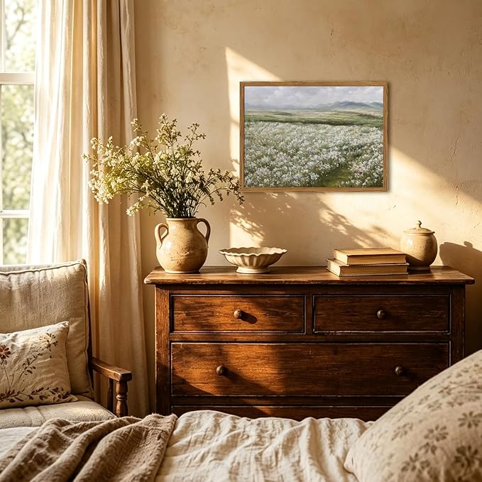 Framed Vintage Landscape Wall Art, Country Wildflower Field Pictures Wall Decor, Rustic Nature Flower Paintings Canvas Prints Farmhouse Home Decor for Living Room Bedroom Bathroom 8x10 inch