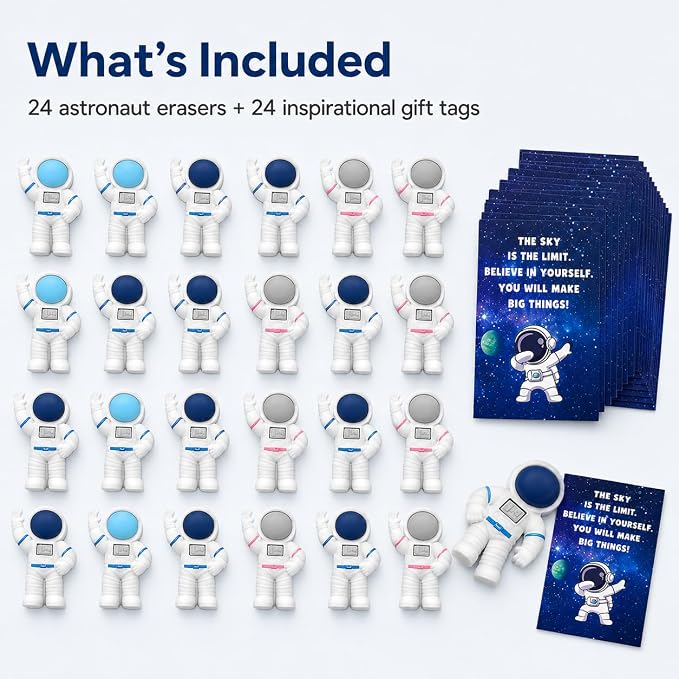 24 End of Year Graduation Gifts, Space Desk Pets for Classroom Rewards, Astronaut Erasers with Inspirational Gift Tags, Prize Box Fillers, Student Incentives & Space Party Favors