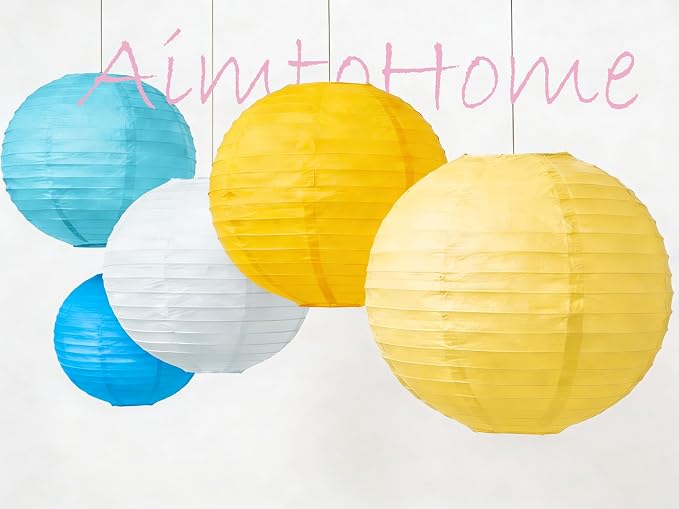 Bright Paper Lanterns Set (12 Pcs) - 6/8/10 Inch Navy, Yellow, Lemon Yellow, Light Blue & White Hanging Paper Lanterns for Ramadan, Cartoon Parties, Birthday,Sport,Weddings & Home Decor