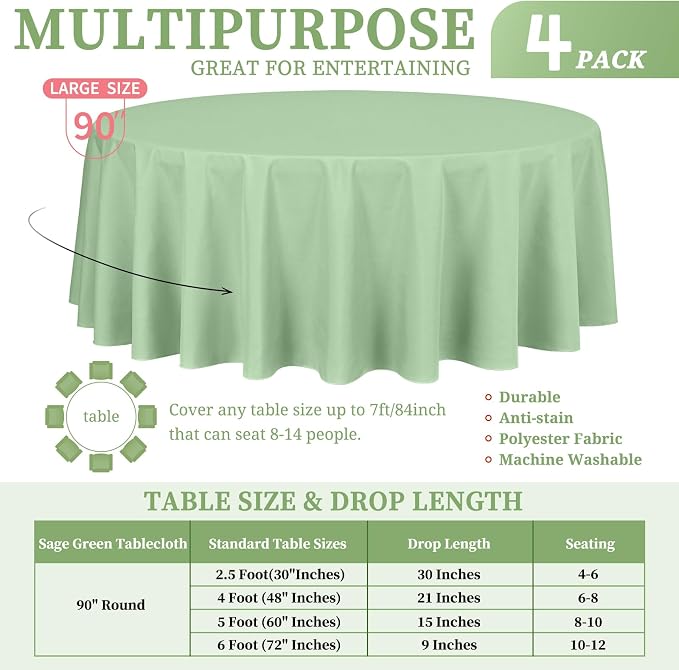 Showgeous 4 Pack Sage Green Round Tablecloth 90 Inch Table Cloth for Round Tables Polyester Tablecloths Table Cover for Dining Wedding Party