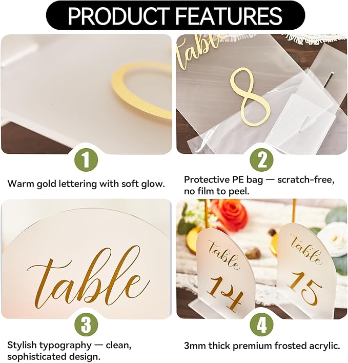 SHINVALE Arch Acrylic Wedding Table Numbers with Gold Foil Font – Frosted Finish, Elegant Modern Design with Stands, Easy Assembly Table Signs for Weddings, Parties & Events (20, 5" x 7")