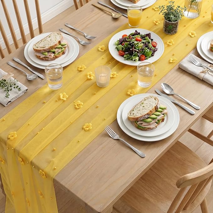 Artoid Mode Yellow Flower Pearl Yellow Gauze Table Runner 10FT 6PC, Seasonal Sheer Dining Holiday Wedding Birthday Baby Shower Table Decor for Home Party