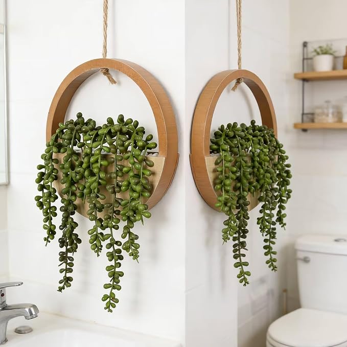 2 Pack Fake Plants Artificial Wall Hanging Plants, Boho Hanging Planter Fake Succulents Artificial String of Pearls in Wooden Pots with Lanyard for Home Office Wall Decoration