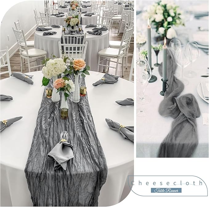 Showgeous 10 Pack Grey Cheesecloth Table Runner Gauze Table Runner 10FT Long Semi-Sheer Table Runner Boho or Rustic Wedding Table Decor for Wedding Decor Arch Draping Bridal Shower Holiday Party