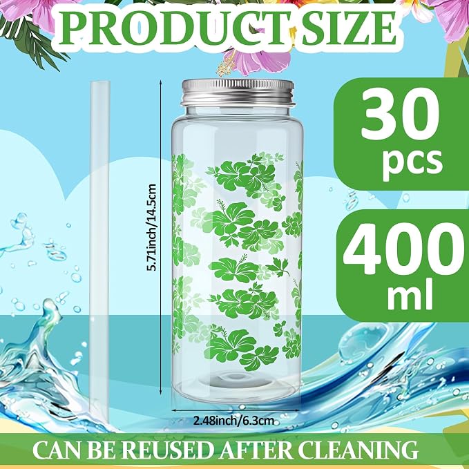 Skylety 30 Pcs 13.5 oz Hawaiian Luau Party Cups with Lids and Straws Hawaiian Hibiscus Party Cups Clear Plastic Tumbler Decorations for Women Sea Summer Birthday Bridal Wedding Reusable Supplies