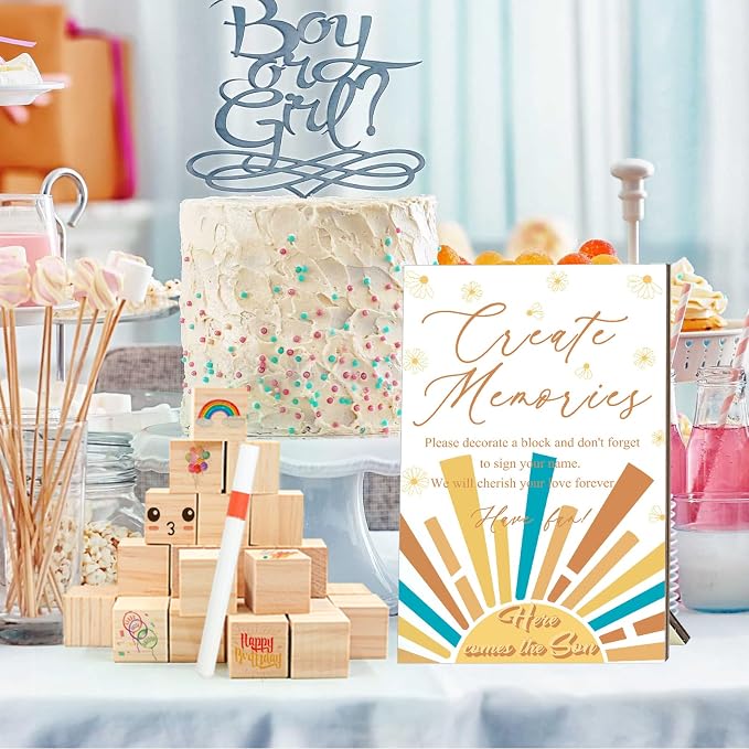 97 Pcs Sun Baby Shower Games Sign Kit, Sun Theme Party Decoration, Including Game Sign DIY Blank Wooden Block Painting Pen to Draw Your Idea for Sun Baby Shower Party Game Gender Reveal Party