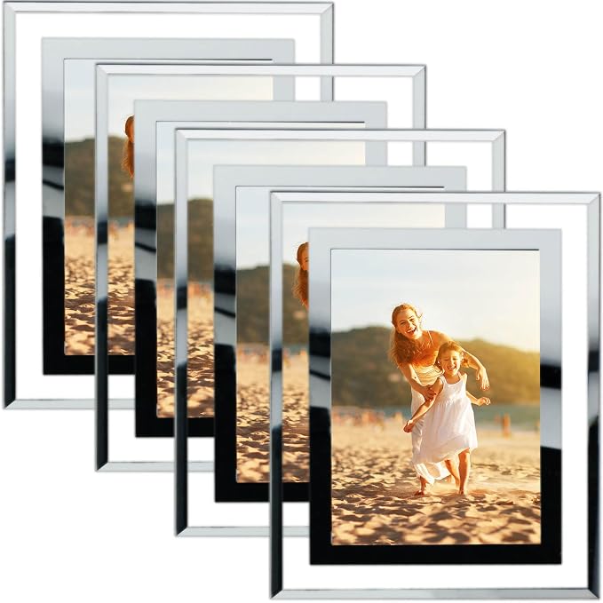 HIKWADERY 5x7 Picture Frames Silver - Set of 4, HD Real Glass 5 by 7 Photo Frame Mirrored Edge Great Gift, for Tabletop Display, Wedding Birthday Mothers Day Gifts (5 x 7, Silver)