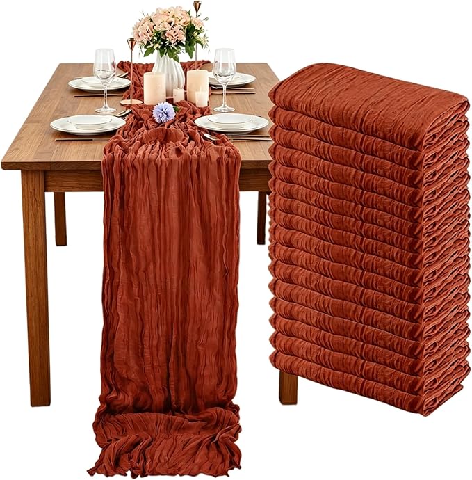 16 Pack Terracotta Cheesecloth Table Runner 35x120 Inch Boho Gauze Cheese Cloth Table Runner 10FT Long Rustic Sheer Table Runners for Wedding Bridal Shower Birthday Party Table Decor