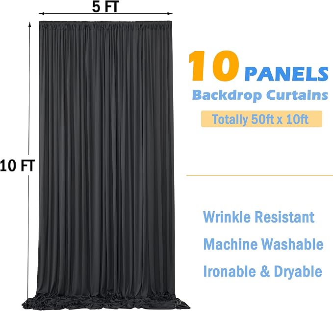 50ftx10ft Wrinkle Free Black Backdrop Curtain for Parties, 10 Panels 5x10ft Silky Photo Backdrop Drapes Back Drop Cloth Drapery for Wedding Birthday Photography Background Photoshoot Decor