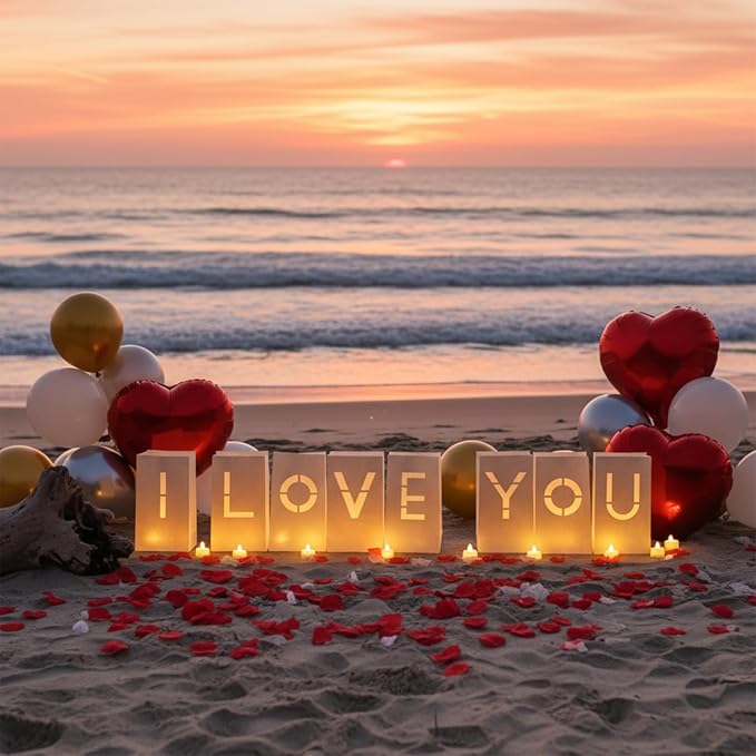 I Love You Light Up Letters Signs, Romantic Proposal Anniversary Valentines' Day Decorations with Luminary Paper Bags, 30 LED Tea Light Candles, Red Heart Balloons, Artificial Rose Petals