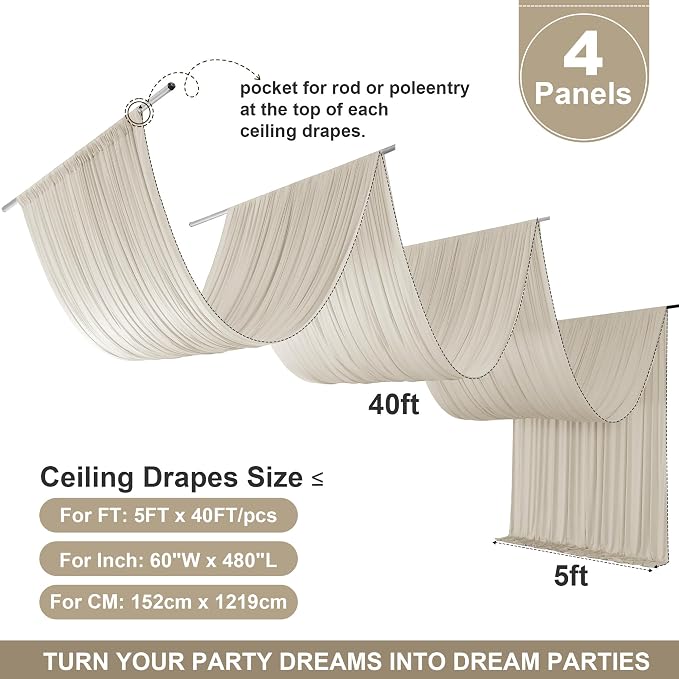 20ftx40ft Beige Ceiling Curtain for Wedding Parties – 4 Panels Wrinkle-Free 40 FT Long Tent Draping Curtains for Wedding, Birthday & Theme Parties, 40ft Height with Rod Pocket