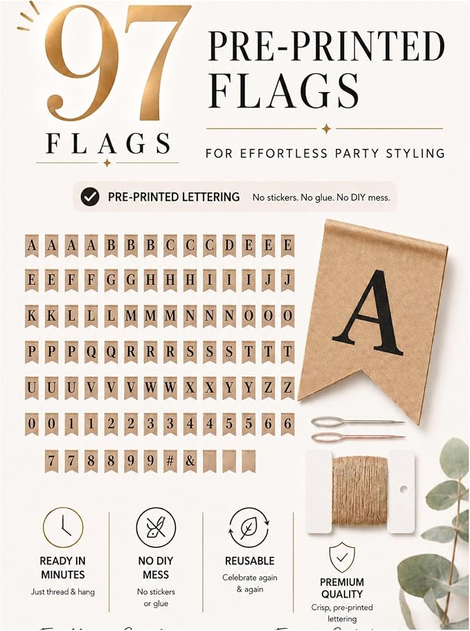 Pre-Printed Banner Kit – 97 BURLAP Flags with BLACK Letters, Numbers & Symbols, Reusable DIY Custom Banner, Make Your Own Personalized Banner for Aesthetic Party Decor, Natural Linen-Look Burlap, Includes Twine & Needles