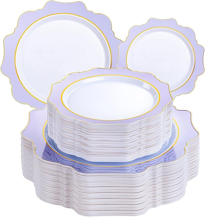WDF 100PCS Purple Disposable Plates - Lavender Plates - Heavy Duty Scalloped Purple Plastic Plate for Party/Wedding/Birthday/Spring