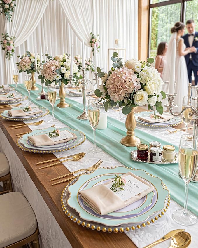 WDF 100PCS Mint Green Plastic Plates - Green Spring Plates Disposable - Heavy Duty Scalloped Plastic Plate for Parties/Wedding/Spring