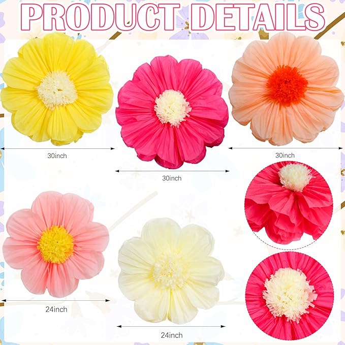 Chunful 5 Pcs 30'' 24'' Gaint Colorful Tissue Paper Flowers Decoration Large Hanging Tissue Paper Pom Poms Decor for Mexican Fiesta Birthday Bachelorette Wedding Baby Shower Bridal Shower Party Decor