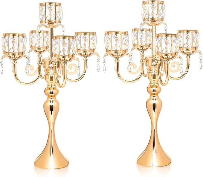 2 Pcs Kehail Gold 5 Arm Pendant Square Crystal Table Decor 22 inch Candle Holder, Classic and Elegant Table Centerpiece Atmosphere Candle Holders for Gift Wedding Party Home Decor