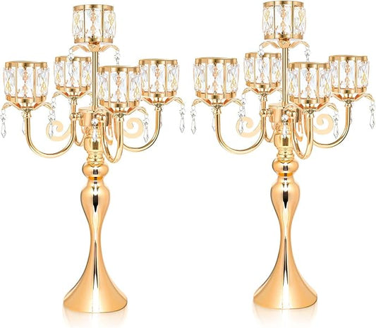 2 Pcs Kehail Gold 5 Arm Pendant Square Crystal Table Decor 22 inch Candle Holder, Classic and Elegant Table Centerpiece Atmosphere Candle Holders for Gift Wedding Party Home Decor