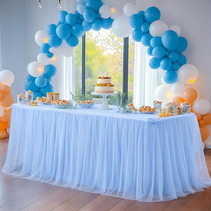 Baby Blue Tablecloth Rectangle Table Cover 6 Foot Table, Baby Blue Tulle Table Skirt Rectangle Table 6ft Stretch Tulle Tablecloth Skirt Fitted Elastic Birthday Party Baby Shower Light Blue Tablecloth