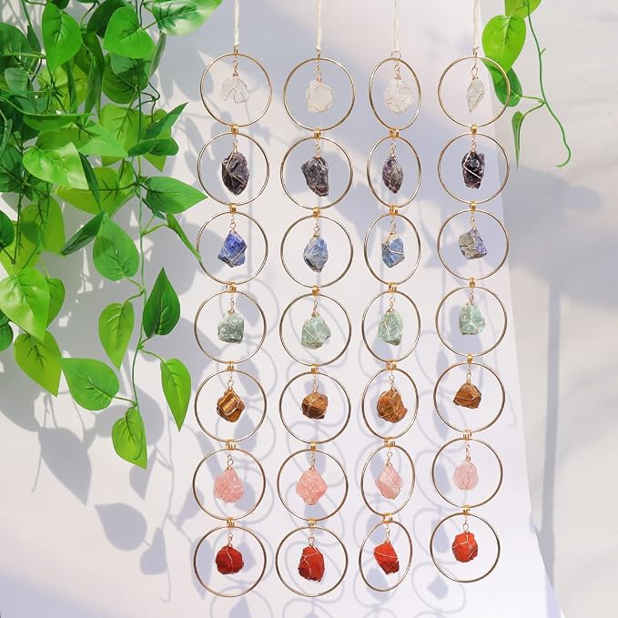 7 Chakra Crystal Hanging Ornament, Unique, Spiritual Boho Wall Decor, Raw Chakra Stones Amethyst Suncatcher, Rose Quartz Healing Crystal (Gold)