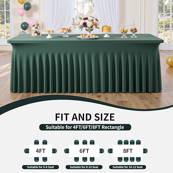 Outpain 6ft Spandex Table Cloth for Standard Folding Tables-4Pack Hunter Green Table Cloth Table Protector for Party, Wedding, Cocktail, Banquet, Festival