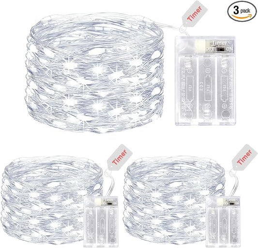 kolpop 3 Pack Fairy Lights Battery Operated with Timer, 50 LED Twinkle Lights Battery Powered, Cool White Mini String Light for Indoor Christmas Wedding Bedroom Party Decorations