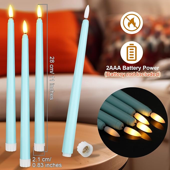 Macarrie 24 Packs Flameless Taper Candles Battery Operated Fake 11 Inch Long Candlelight LED Flameless Candlesticks Flickering Tapered for Summer Fall Wedding(Teal)