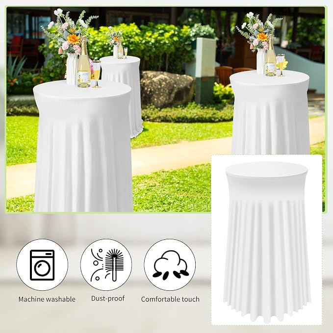 Tegeme 4 Packs Round Spandex Cocktail Tablecloths with Skirt 32 x 43 Inch Cocktail Round Table Cover Spandex Stretch Square Tablecloth Skirt for Table Bar Wedding Party Banquet (White)