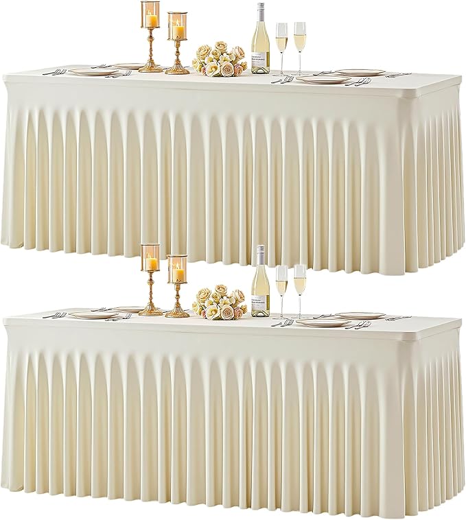 2 Pack 6ft Beige Spandex Tablecloths for Rectangle Tables Wrinkle Free Beige Rectangle Table Cloth Stretch Fitted Table Cover with Skirt for Wedding Birthday Party Banquet Baby Shower Buffet Event