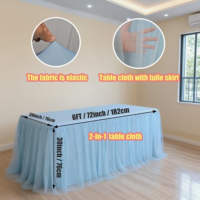 1-Pack Blue 2-in-1 Tulle Tablecloth for 6-Foot Rectangular Table – Stretch Fitted Table Skirt & Cover for Baby Shower, Bridal, Birthday, Princess Party