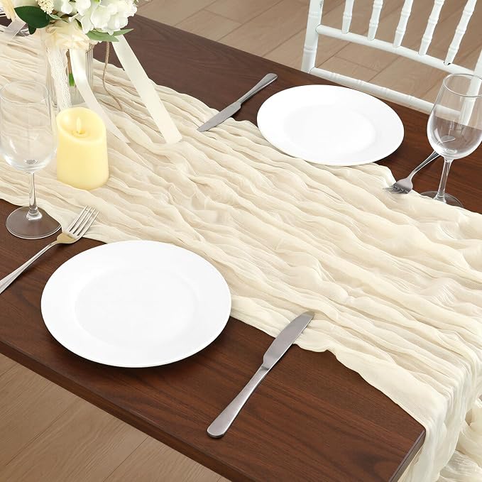 6 Pack Ivory White Cheesecloth Table Runner 120 Inch 10FT Cheese Cloth Fabric Runners for Football Theme, Wedding Decoration, Banquet, Boho Decor