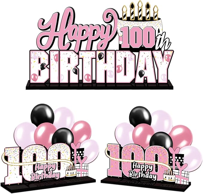 LINGTEER Happy 100th Birthday Pink Acrylic Table Topper Centerpieces Set - Cheers to 100 Years Old Birthday 100th Bday Party Gift Decorations.
